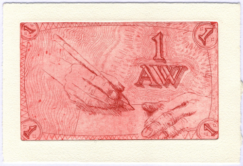 Ein selbstgestalteter Geldschein. Darauf abgebildet sind eine zeichnende Hand und der Wert 1AW.