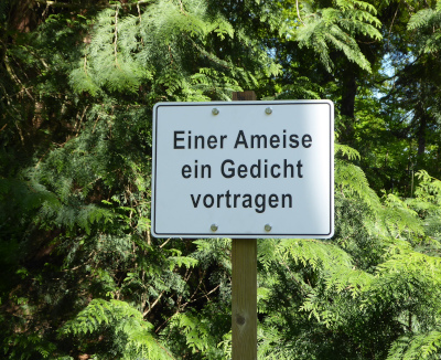 Schild mit folgender Anweisung:Einer Ameise ein Gedicht vortragen.