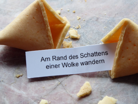 Am Rand des Schattens einer Wokle wandern - steht auf dem kleinen Zettel eines geöffneten Glückskekses.